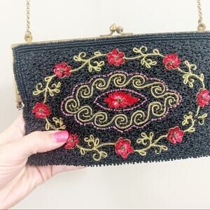Monya Floral Beaded Black/Red/Gold Clutch